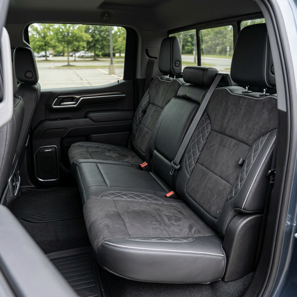 Rear in-cabin view of a 2023–2026 Chevrolet Silverado (New Body Style) with Leatherteck seat upholstery in black leather, featuring dark gray suede inserts and silver diamond-stitched accent panels with contrast stitching across the rear bench seatbacks, cushions, and headrests.