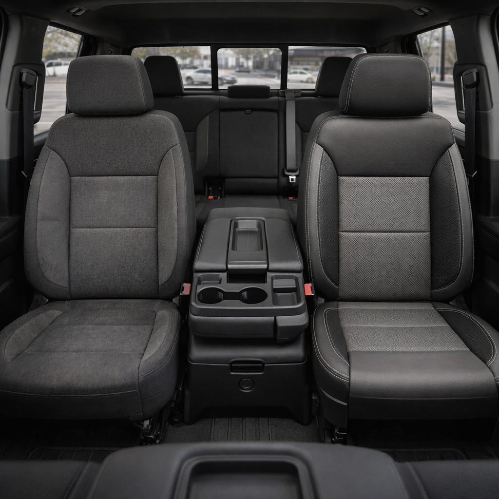 Before-and-after front in-cabin view of a 2023–2026 Chevrolet Silverado (New Body Style) split down the center: left shows the factory dark cloth front seat, while right shows a Leatherteck upgrade in black leather with light gray panels, perforated inserts, and silver contrast stitching, with the fold-down center console/cupholders and rear bench seat visible.