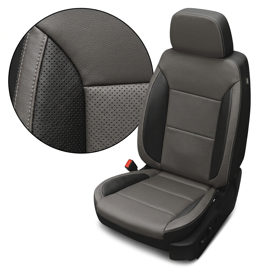  Close-up product image of a 2023–2026 Chevrolet Silverado (New Body Style) Leatherteck seat upholstery kit in black leather with light gray panels, perforated center inserts, and silver contrast stitching, featuring a circular zoom inset highlighting the perforation pattern, leather grain, and stitched seam detail.

