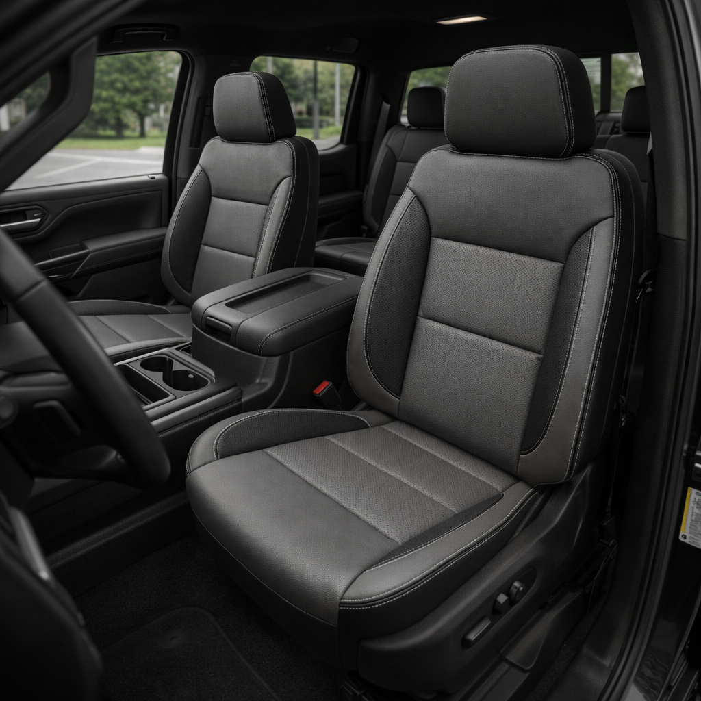 Front in-cabin view of a 2023–2026 Chevrolet Silverado (New Body Style) featuring a Leatherteck seat upholstery kit in black leather with light gray panels, perforated center inserts, and silver contrast stitching, showing the driver and passenger seats, center console/armrest, and the rear bench seat in the background.

