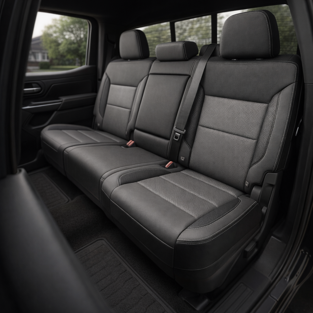 Rear in-cabin view of a 2023–2026 Chevrolet Silverado (New Body Style) featuring a Leatherteck rear bench seat upholstery kit in black leather with light gray panels, perforated center inserts, and silver contrast stitching, showing three headrests, seatbelts and buckles, the rear door panel, and black rear floor mats.