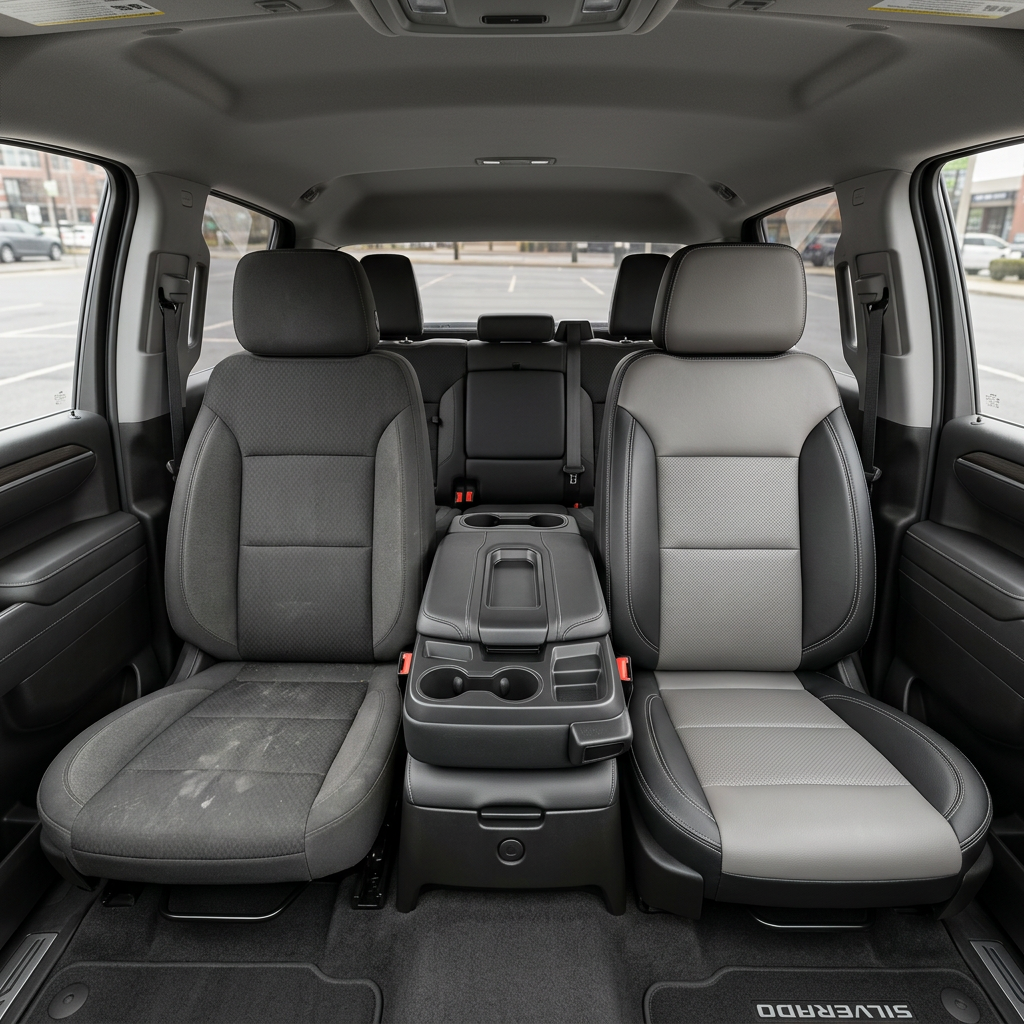  Before-and-after interior view of a 2023–2026 Chevrolet Silverado (New Body Style): left shows the factory black cloth front seat, right shows the upgraded Leatherteck seat upholstery in black leather with platinum gray perforated center inserts and contrast stitching.