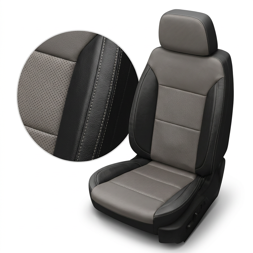 Close-up of the Leatherteck leather seat upholstery for a 2023–2026 Chevrolet Silverado (New Body Style), showing black bolsters, platinum gray perforated center inserts, and contrast stitching detail on the seat and headrest.