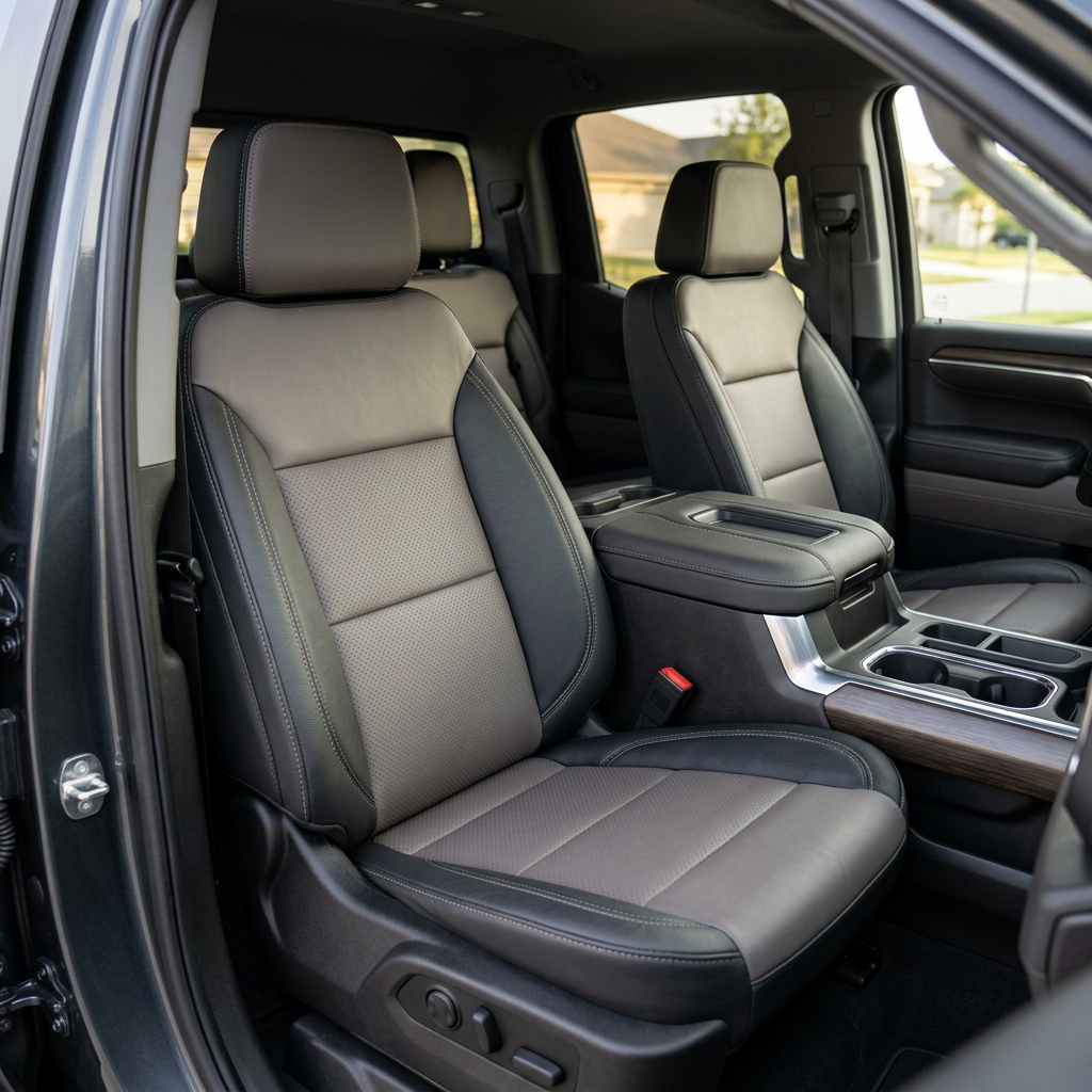 Front in-cabin view of a 2023–2026 Chevrolet Silverado (New Body Style) with Leatherteck seat upholstery installed in black leather, featuring platinum gray perforated center inserts and contrast stitching on the front bucket seats and headrests.
