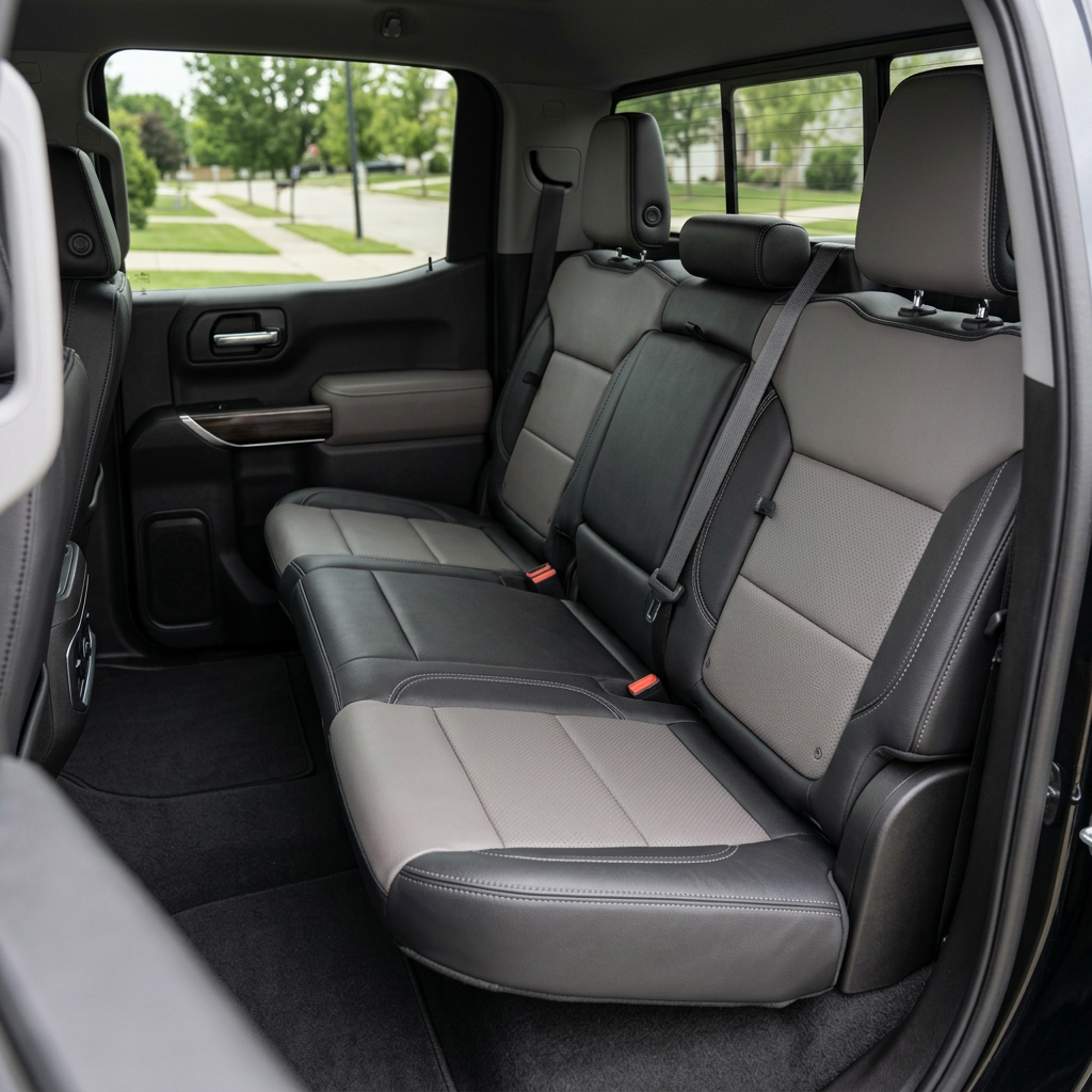 Rear in-cabin view of a 2023–2026 Chevrolet Silverado (New Body Style) with Leatherteck seat upholstery in black leather, featuring platinum gray perforated center inserts and contrast stitching across the rear bench, seatbacks, and headrests.