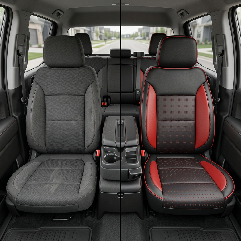 Before-and-after front in-cabin view of a 2023–2026 Chevrolet Silverado (New Body Style) split down the center: left shows the factory dark cloth front seat, while right shows a Leatherteck upgrade in black leather with square-perforated red inserts, red accents, red contrast stitching, and red piping, with the center console/cupholders and rear bench seat visible.
