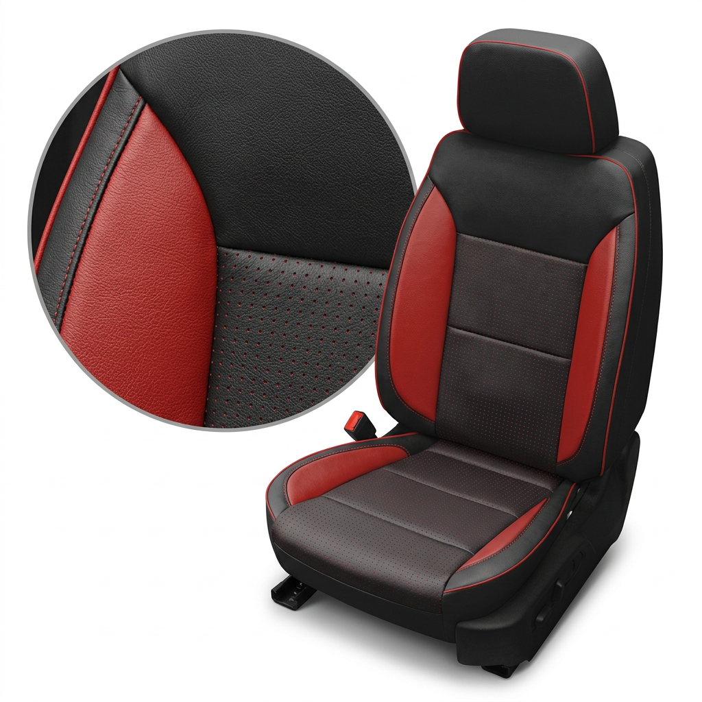 Close-up product image of a 2023–2026 Chevrolet Silverado (New Body Style) Leatherteck seat upholstery kit in black leather with square-perforated red inserts, red accent side panels, red contrast stitching, and red piping, featuring a circular zoom inset highlighting the leather grain, perforation pattern, and stitched seam detail.
