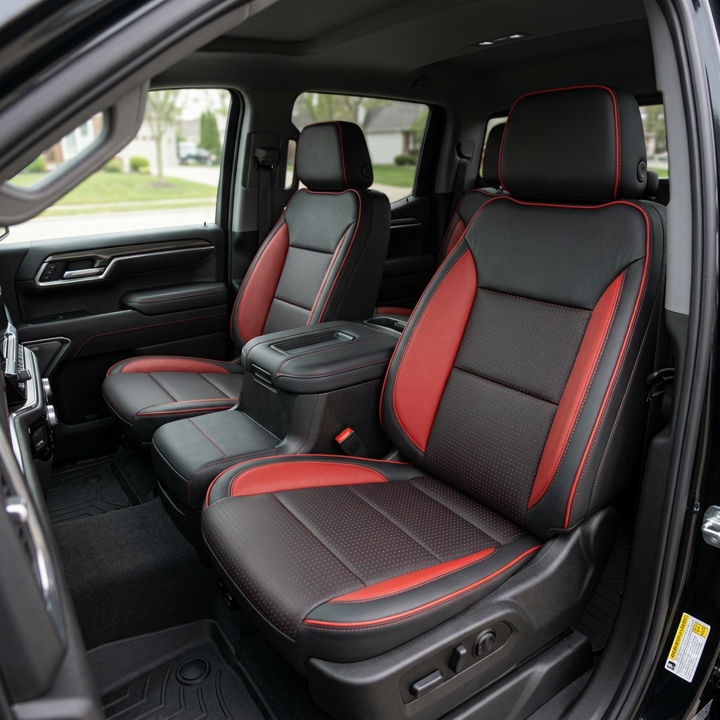Front in-cabin view of a 2023–2026 Chevrolet Silverado (New Body Style) featuring a Leatherteck seat upholstery kit in black leather with square-perforated red insert panels, red accent bolsters, red contrast stitching, and red piping, showing the driver and passenger seats, center console/armrest, and front door panel.