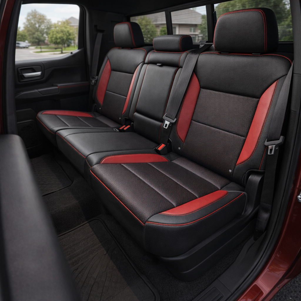 Rear in-cabin view of a 2023–2026 Chevrolet Silverado (New Body Style) featuring a Leatherteck rear bench seat upholstery kit in black leather with square-perforated red inserts, red accent panels, red contrast stitching, and red piping, showing three headrests, seatbelts and buckles, the rear door panel, and black floor mats.