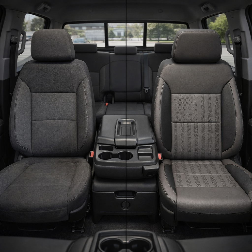 Before-and-after front in-cabin view of a 2023–2026 Chevrolet Silverado (New Body Style): the left front seat shows original dark cloth upholstery, while the right front seat is upgraded with a Leatherteck black leather kit featuring US flag-style center inserts and platinum gray accent panels/stitching, with the center console and rear bench seat visible.