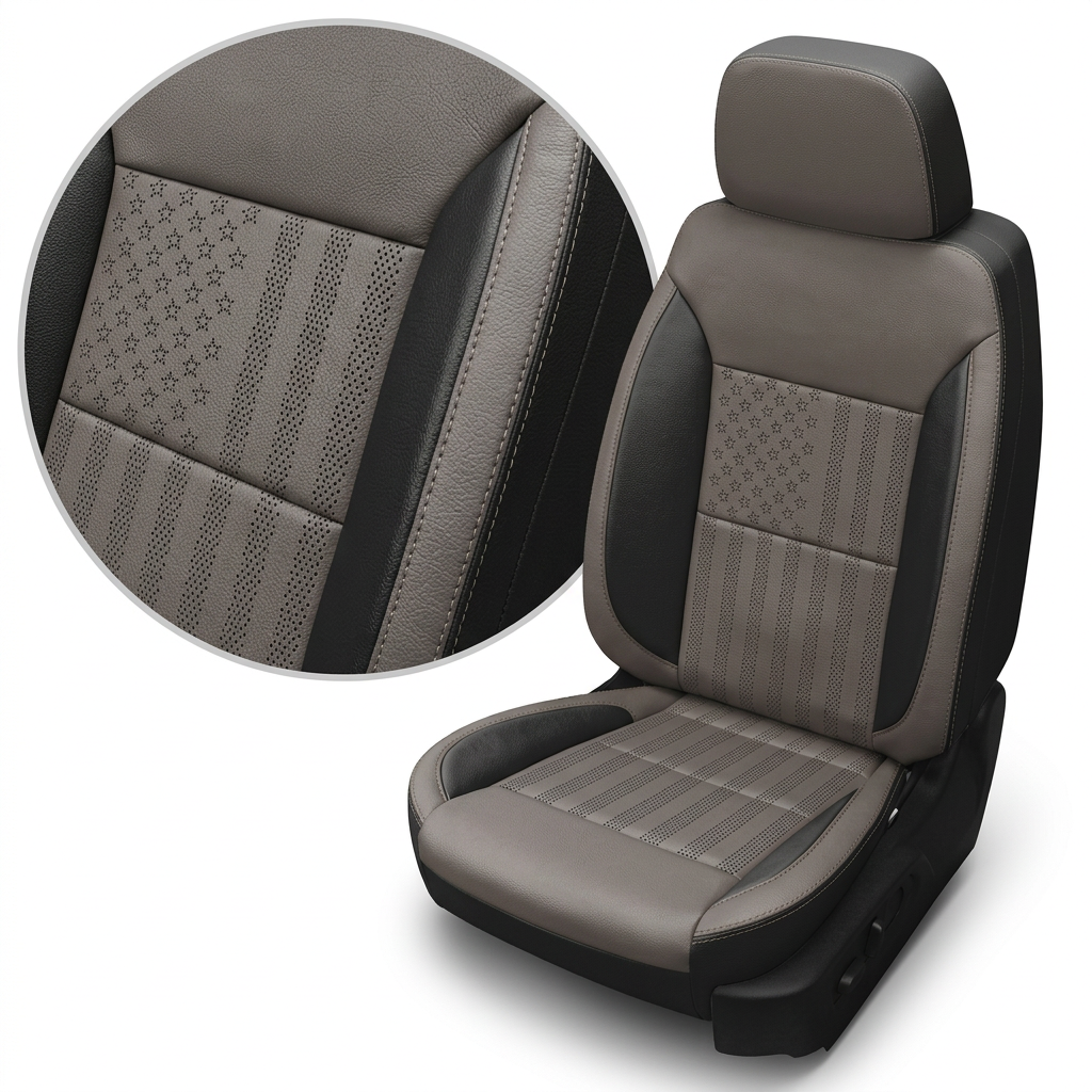 Close-up product image of a 2023–2026 Chevrolet Silverado (New Body Style) Leatherteck seat upholstery kit in black with platinum gray accents and US flag-style perforated center inserts, featuring contrast stitching; a circular inset highlights the star-and-stripe perforation pattern, leather grain, and seam stitching.