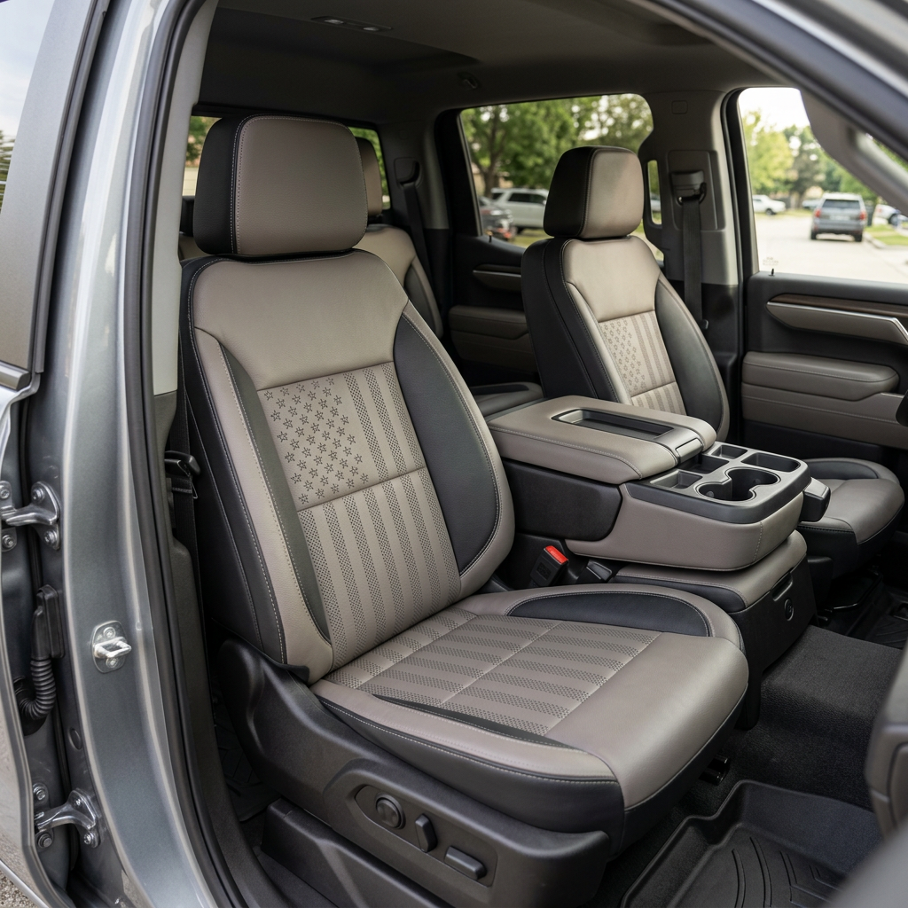 Front in-cabin view of a 2023–2026 Chevrolet Silverado (New Body Style) showcasing Leatherteck front bucket seats in black leather with US flag-style center inserts and platinum gray accent panels, finished with contrast stitching, with the center console, cupholders, door panel, and rear seating visible.