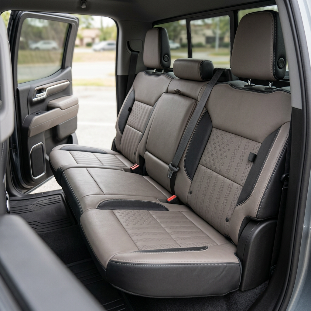  Rear in-cabin view of a 2023–2026 Chevrolet Silverado (New Body Style) featuring a Leatherteck rear bench seat upholstered in black leather with US flag-style center inserts and platinum gray accent panels, finished with contrast stitching, showing the three headrests, seatbelts, and rear door panel.