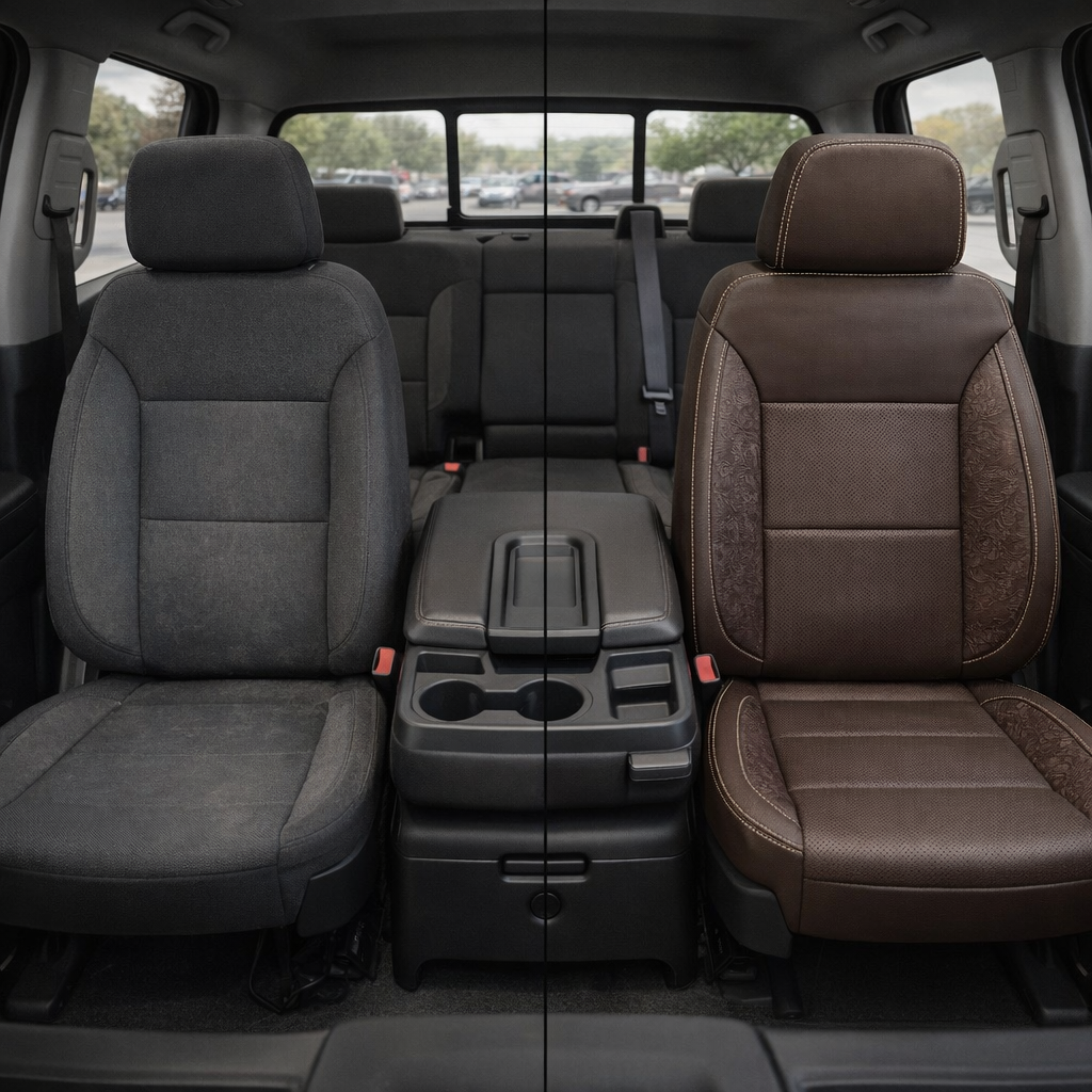  Before-and-after in-cabin view of a 2023–2026 Chevrolet Silverado (New Body Style) split down the middle: the left shows the factory dark gray cloth front seat and rear bench, while the right shows an upgraded Leatherteck coffee brown leather front seat with western floral brown accent panels and pearl white contrast stitching, with the center console/cupholders and rear seating visible.