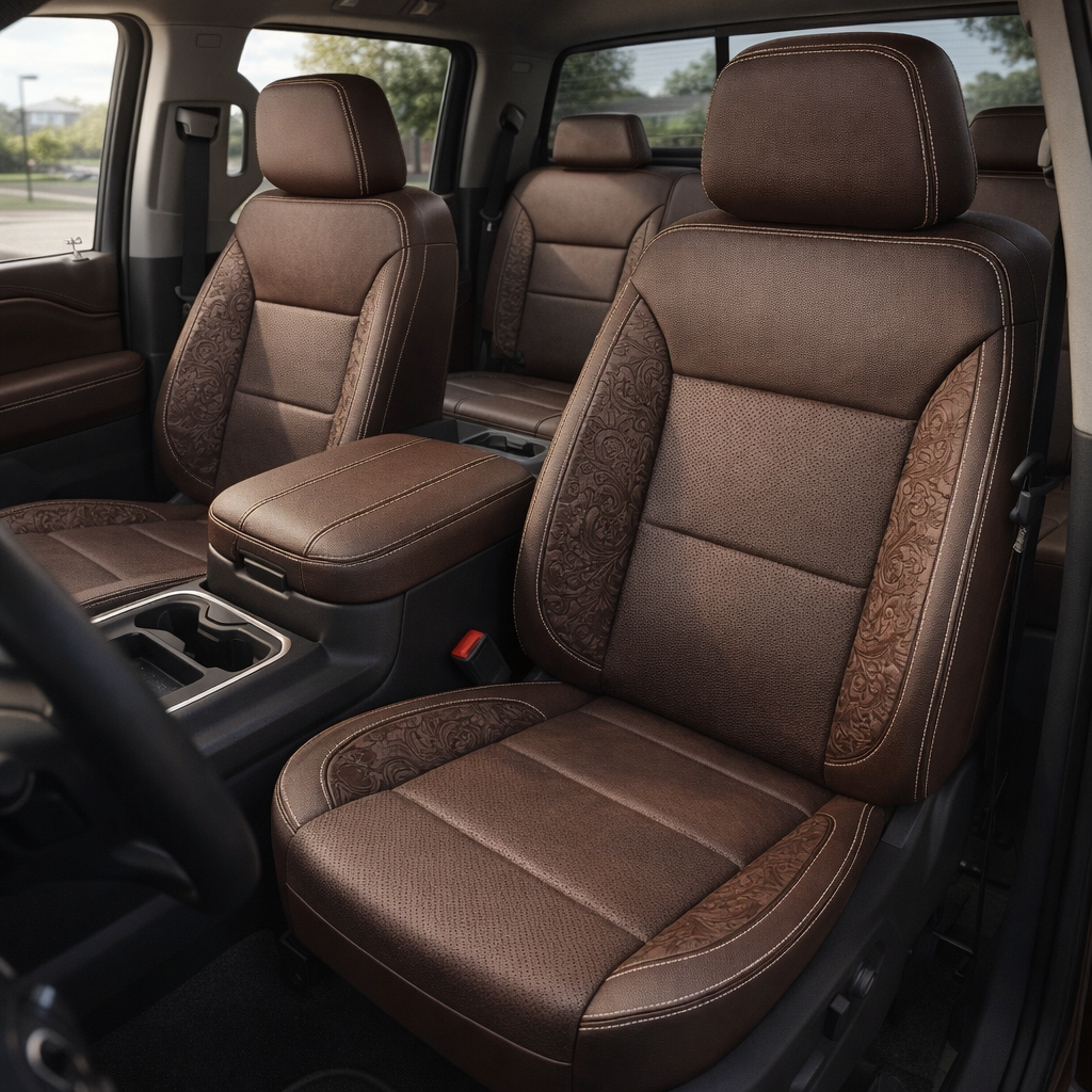 Front in-cabin view of a 2023–2026 Chevrolet Silverado (New Body Style) featuring a Leatherteck seat upholstery kit in coffee brown leather with western floral brown accent panels and pearl white contrast stitching, showing the front bucket seats, center console with cupholders, and matching rear seating.

