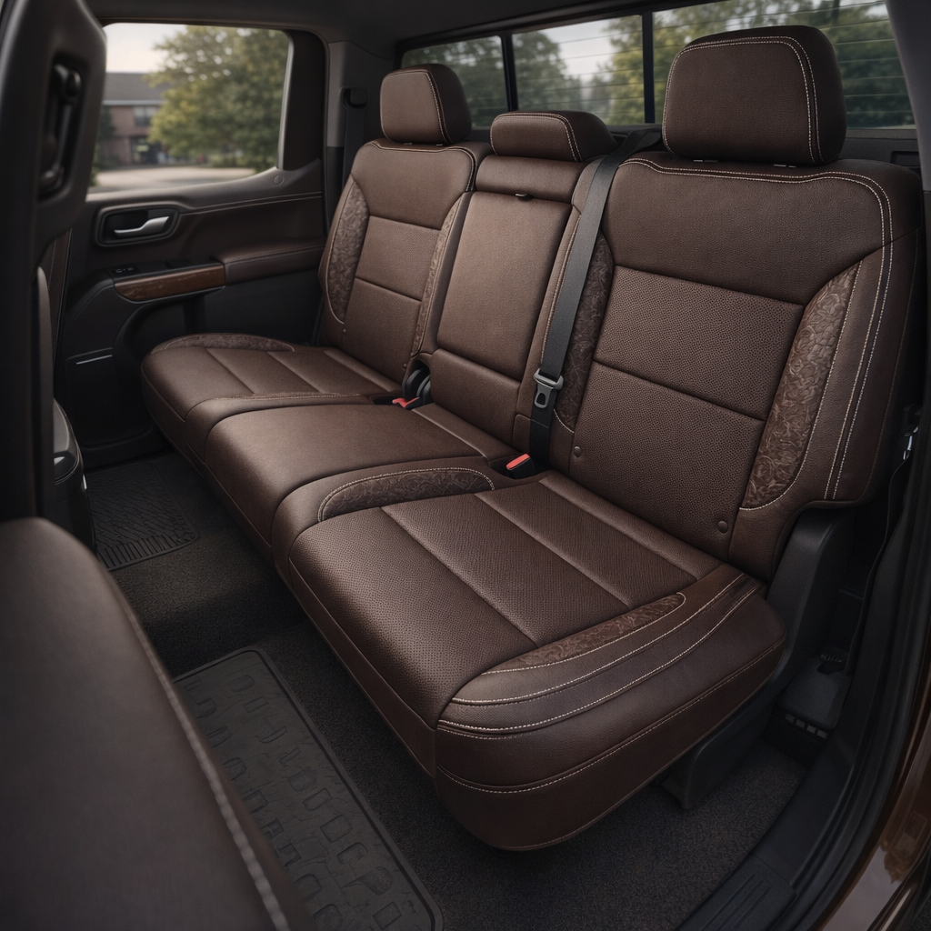 Rear in-cabin view of a 2023–2026 Chevrolet Silverado (New Body Style) featuring a Leatherteck rear bench seat upholstered in coffee brown leather with western floral brown accent panels and pearl white contrast stitching, showing three headrests, seatbelts, the rear door panel, and floor mat.