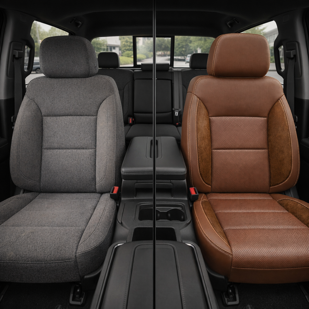 Before-and-after front in-cabin view of a 2023–2026 Chevrolet Silverado (New Body Style) split down the center: left shows the factory gray cloth front seat, while right shows an upgraded Leatherteck kit in mahogany brown leather with chocolate brown suede accent panels and vanilla cream contrast stitching, with the center console and rear seating visible.

