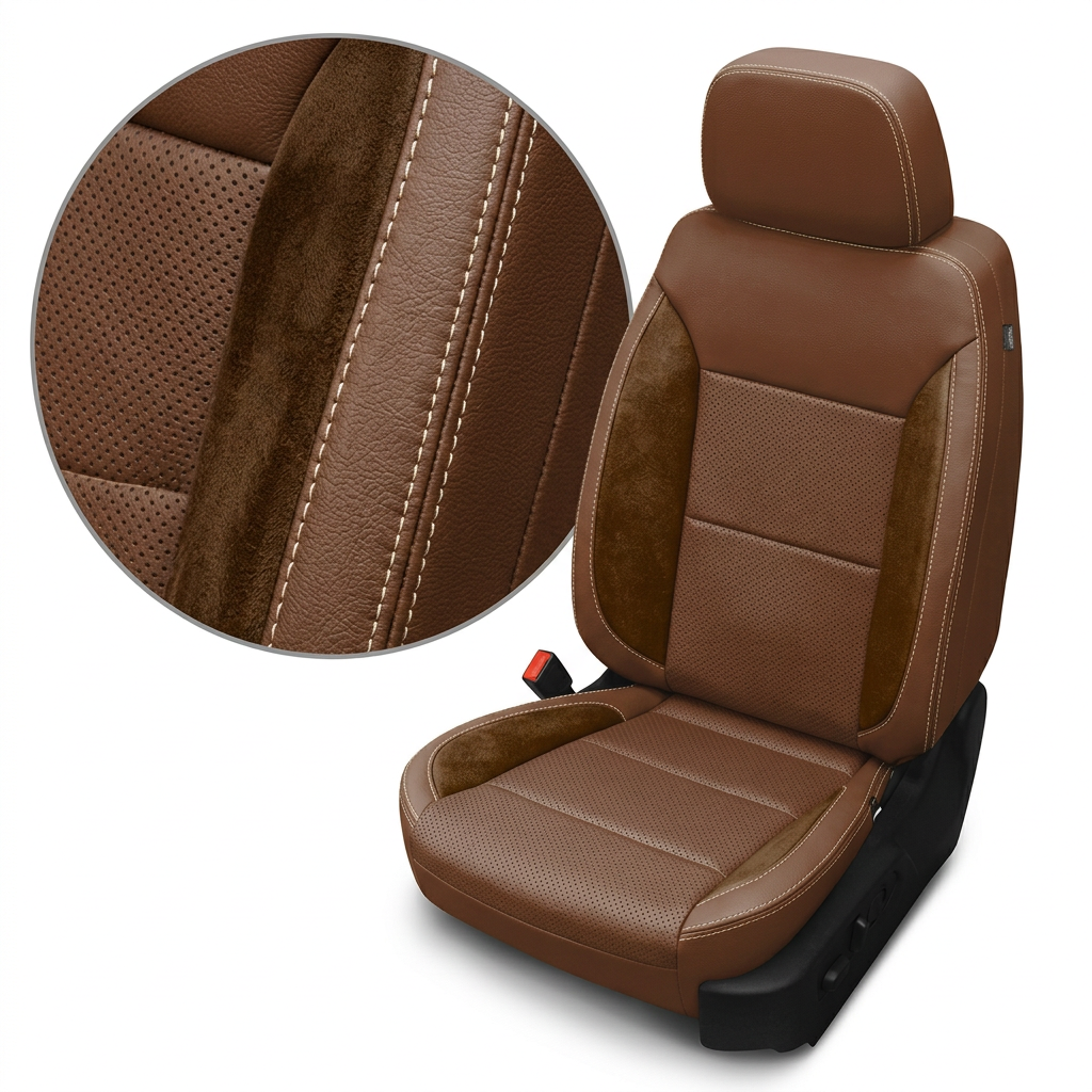 Close-up product image of a 2023–2026 Chevrolet Silverado (New Body Style) Leatherteck seat upholstery kit in mahogany brown leather with chocolate brown suede accent panels, perforated center inserts, and vanilla cream contrast stitching, featuring a circular zoom inset highlighting the leather grain, suede texture, and stitching detail.