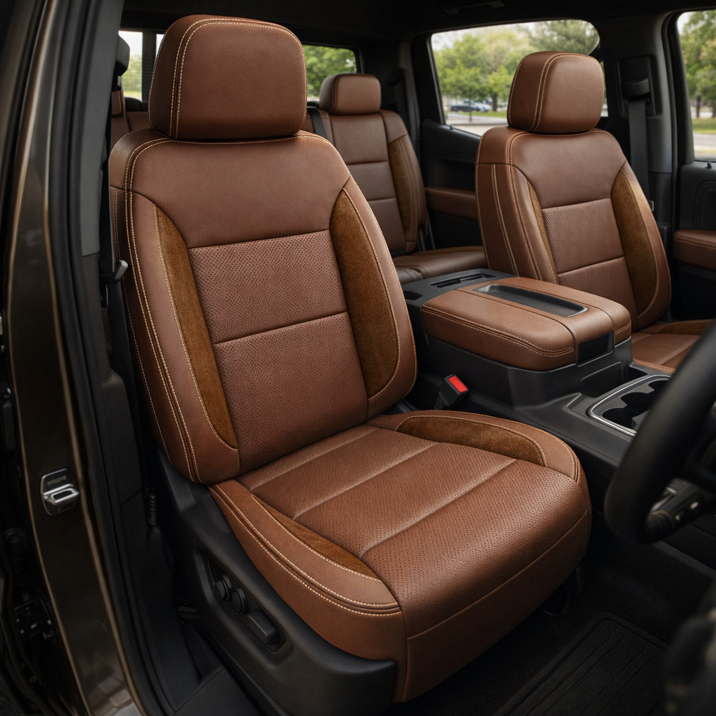  Front in-cabin view of a 2023–2026 Chevrolet Silverado (New Body Style) featuring a Leatherteck seat upholstery kit in mahogany brown leather with chocolate brown suede accent panels and vanilla cream contrast stitching, showing the driver and passenger seats, center console/armrest, and a glimpse of the rear seating.
