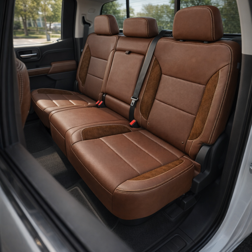 Rear in-cabin view of a 2023–2026 Chevrolet Silverado (New Body Style) featuring a Leatherteck rear bench seat upholstered in mahogany brown leather with chocolate brown suede accent panels and vanilla cream contrast stitching, showing three headrests, seatbelts, rear door panel, and floor area.
