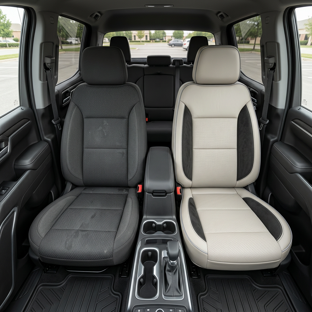  Before-and-after front in-cabin view of a 2023–2026 Chevrolet Silverado (New Body Style): the left front seat shows original dark cloth upholstery, while the right front seat is upgraded with Leatherteck pearl white leather, black suede accent panels, and pumice gray contrast stitching.