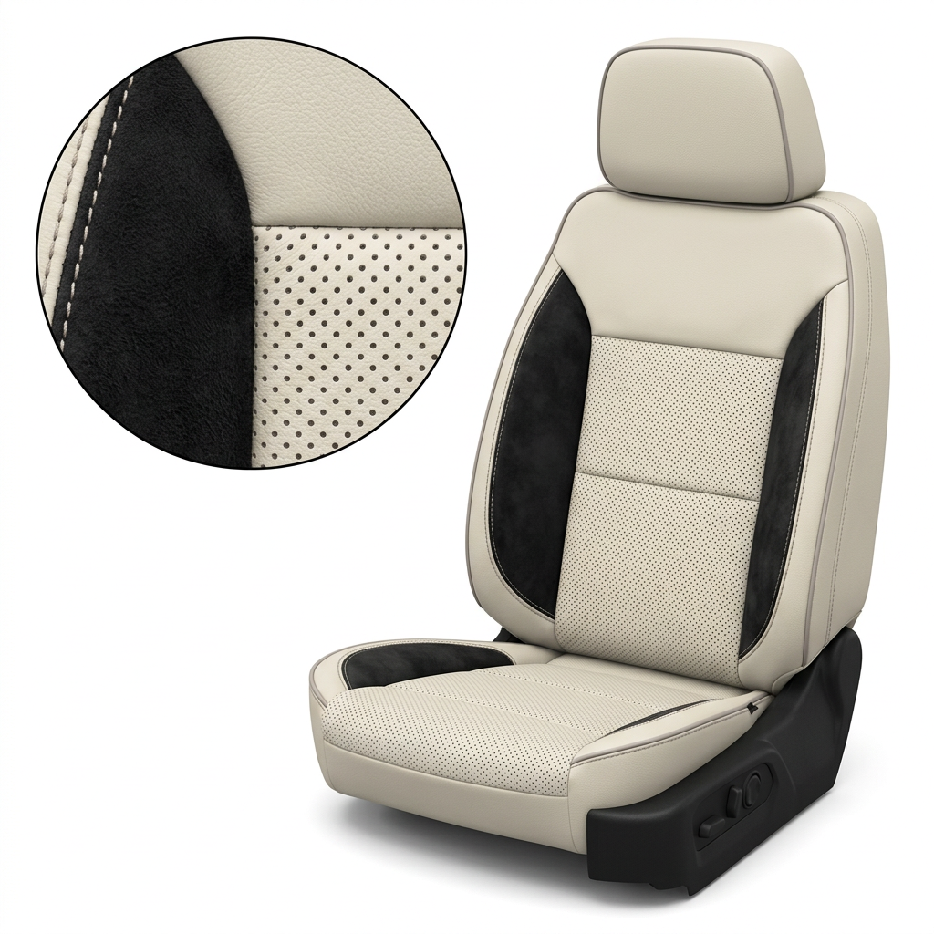 Close-up of a 2023–2026 Chevrolet Silverado (New Body Style) Leatherteck seat upholstery showing pearl white leather with black suede accent panels, perforated center inserts, and pumice gray contrast stitching, with an inset highlighting the suede texture and perforation detail.