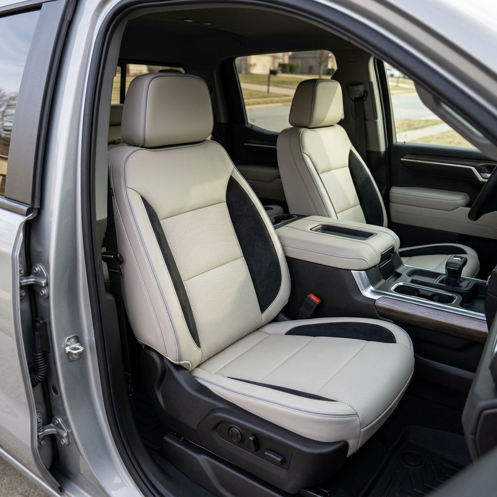 Front in-cabin view of a 2023–2026 Chevrolet Silverado (New Body Style) with upgraded Leatherteck pearl white leather front bucket seats featuring black suede accent panels and pumice gray contrast stitching, shown with the center console and shifter.