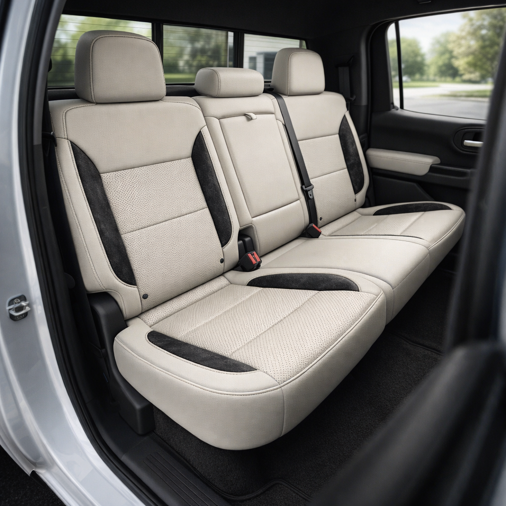  Rear in-cabin view of a 2023–2026 Chevrolet Silverado (New Body Style) with upgraded Leatherteck pearl white leather rear bench seat featuring black suede accent panels, perforated inserts, and pumice gray contrast stitching, with seatbelts visible.