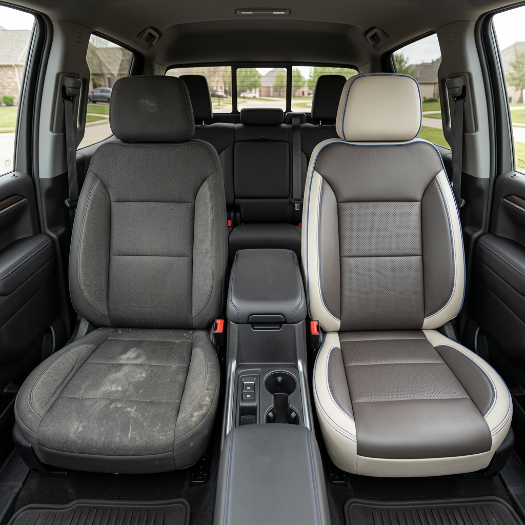 Before-and-after front in-cabin view of a 2023–2026 Chevrolet Silverado (New Body Style): the left front seat shows original dark cloth upholstery, while the right front seat is upgraded with a Leatherteck Pearl White leather kit featuring platinum gray perforated inserts and contrast stitching, shown beside the center console and rear bench seat.
