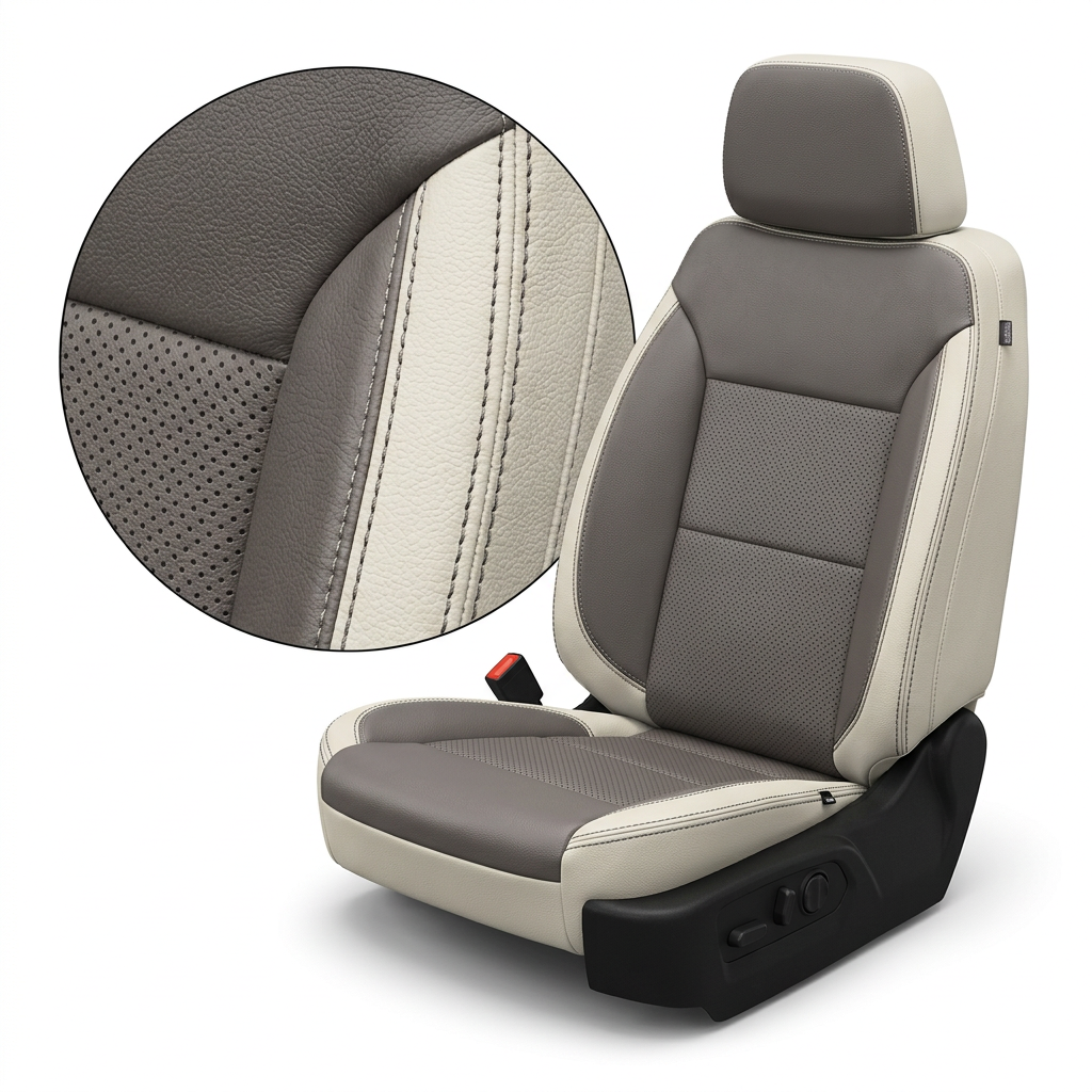  Close-up product image of a 2023–2026 Chevrolet Silverado (New Body Style) Leatherteck seat upholstery kit in pearl white with platinum gray perforated center inserts and contrast stitching, featuring a circular inset highlighting the leather grain, perforation pattern, and stitched seam detail.