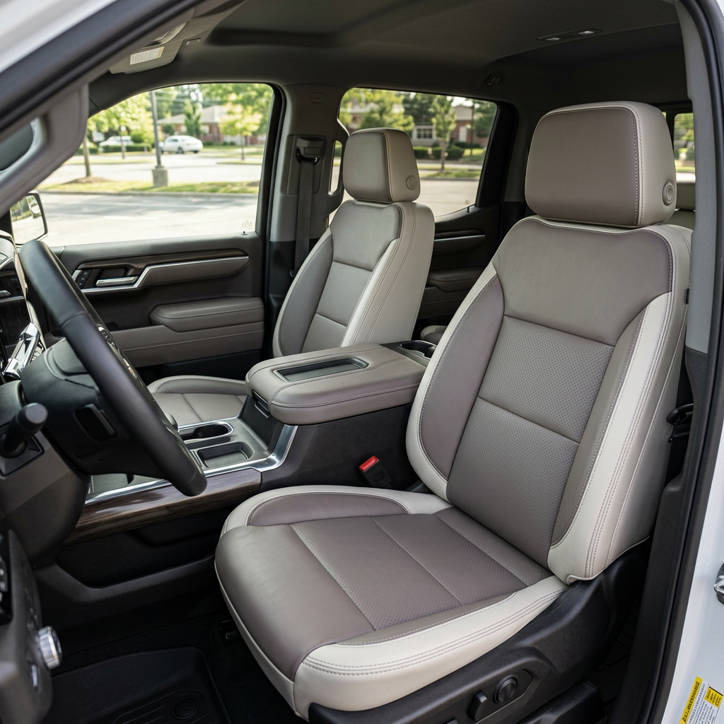  Front in-cabin view of a 2023–2026 Chevrolet Silverado (New Body Style) featuring upgraded Leatherteck front bucket seats in pearl white with platinum gray perforated center inserts and contrast stitching, shown from the driver-side door with the center console, cupholders, and door trim visible.