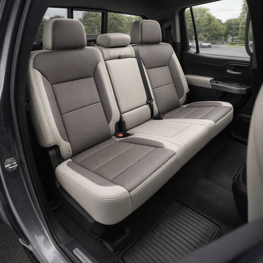 Angled in-cabin view of a 2023–2026 Chevrolet Silverado (New Body Style) showing the front bucket seats upholstered in Leatherteck pearl white with platinum gray perforated center inserts and contrast stitching, with the center console, cupholders, and door panel visible through the open driver-side door.