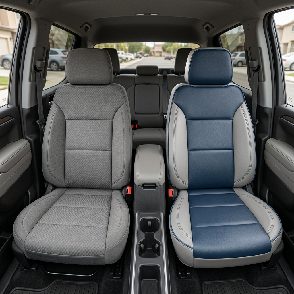 Before-and-after front in-cabin view of a 2023–2026 Chevrolet Silverado (New Body Style): the left front seat shows original gray cloth upholstery, while the right front seat is upgraded with a Leatherteck kit featuring platinum gray leather outer bolsters, Atlantic blue center inserts, and contrast stitching, with the center console and rear bench seat visible.