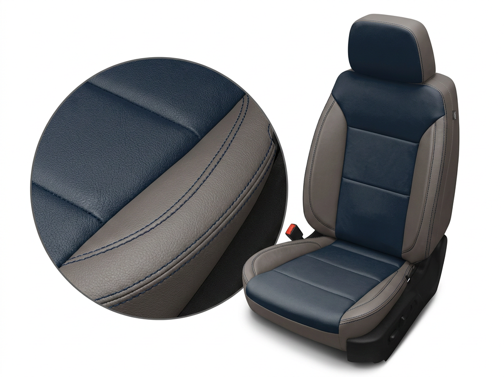 Close-up product image of a 2023–2026 Chevrolet Silverado (New Body Style) Leatherteck seat upholstery kit featuring platinum gray outer bolsters with Atlantic blue center inserts and contrast stitching, with a circular detail inset highlighting the leather grain, seam, and stitching.