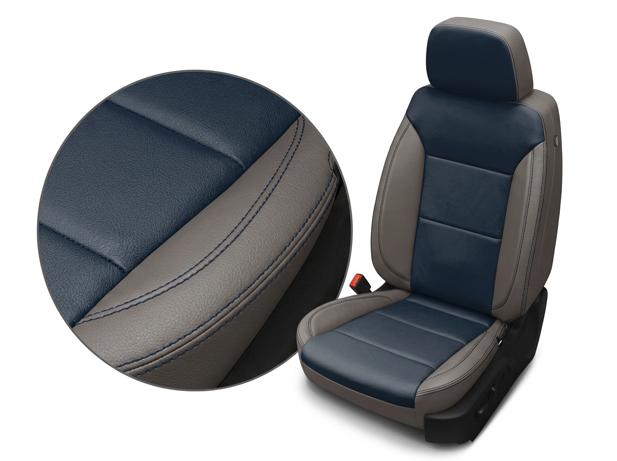 Close-up product image of a 2023–2026 Chevrolet Silverado (New Body Style) Leatherteck seat upholstery kit featuring platinum gray outer bolsters with Atlantic blue center inserts and contrast stitching, with a circular detail inset highlighting the leather grain, seam, and stitching.