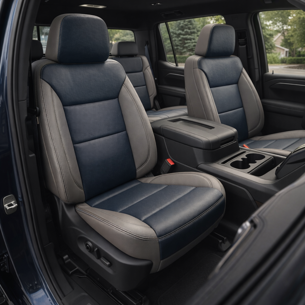  Front in-cabin view of a 2023–2026 Chevrolet Silverado (New Body Style) featuring a Leatherteck leather seat upholstery kit with platinum gray outer bolsters, Atlantic blue center inserts, and contrast stitching, showing the front bucket seats, center console with cupholders, and a glimpse of the rear seating.