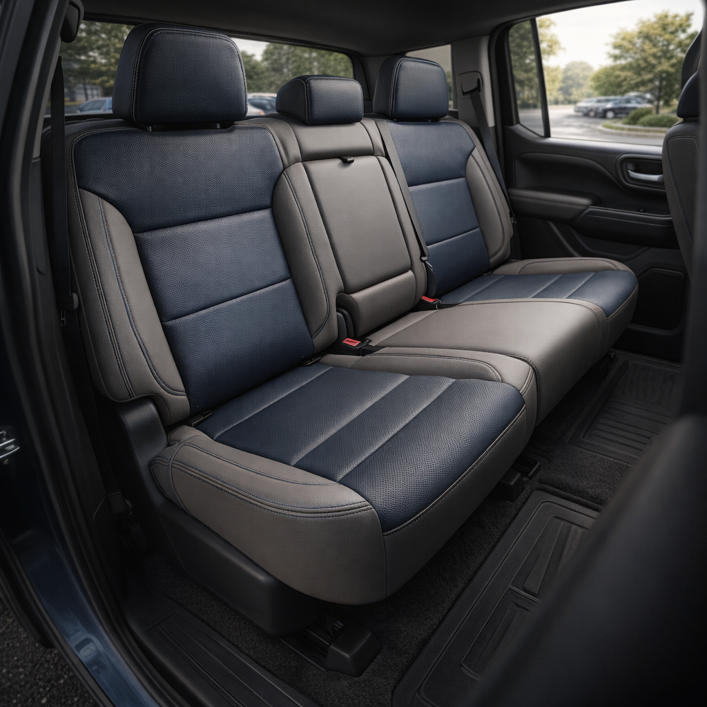  Rear in-cabin view of a 2023–2026 Chevrolet Silverado (New Body Style) showing a Leatherteck rear bench seat upholstered in dark coffee brown with western floral-pattern accent panels on the outer sections and light contrast stitching, featuring three headrests, seatbelts, rear door panel trim, and all-weather floor mat.