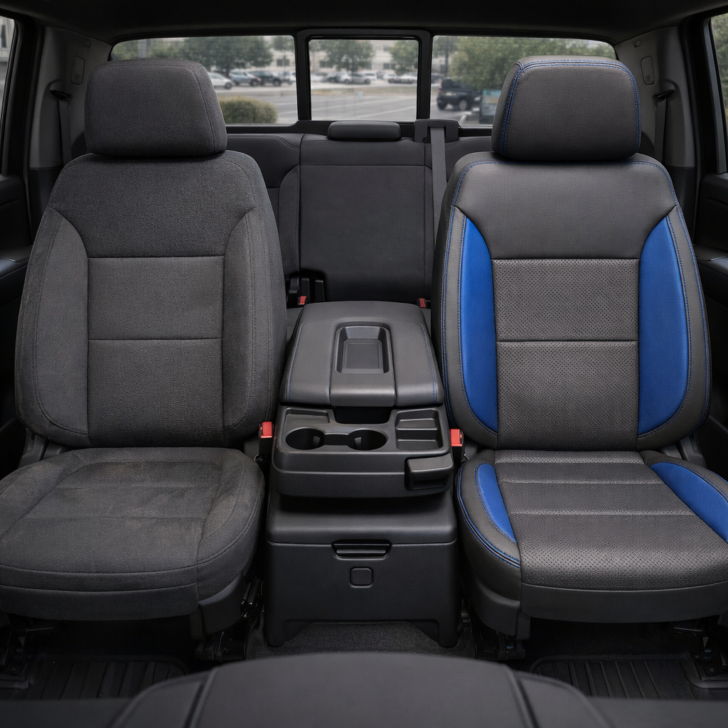  Before-and-after front in-cabin view of a 2023–2026 Chevrolet Silverado (New Body Style): the left front seat shows original factory cloth upholstery, while the right front seat is upgraded with a Leatherteck kit featuring platinum gray leather panels, Bermuda blue perforated inserts/accents, and contrast stitching, with the center console and rear bench seat visible.