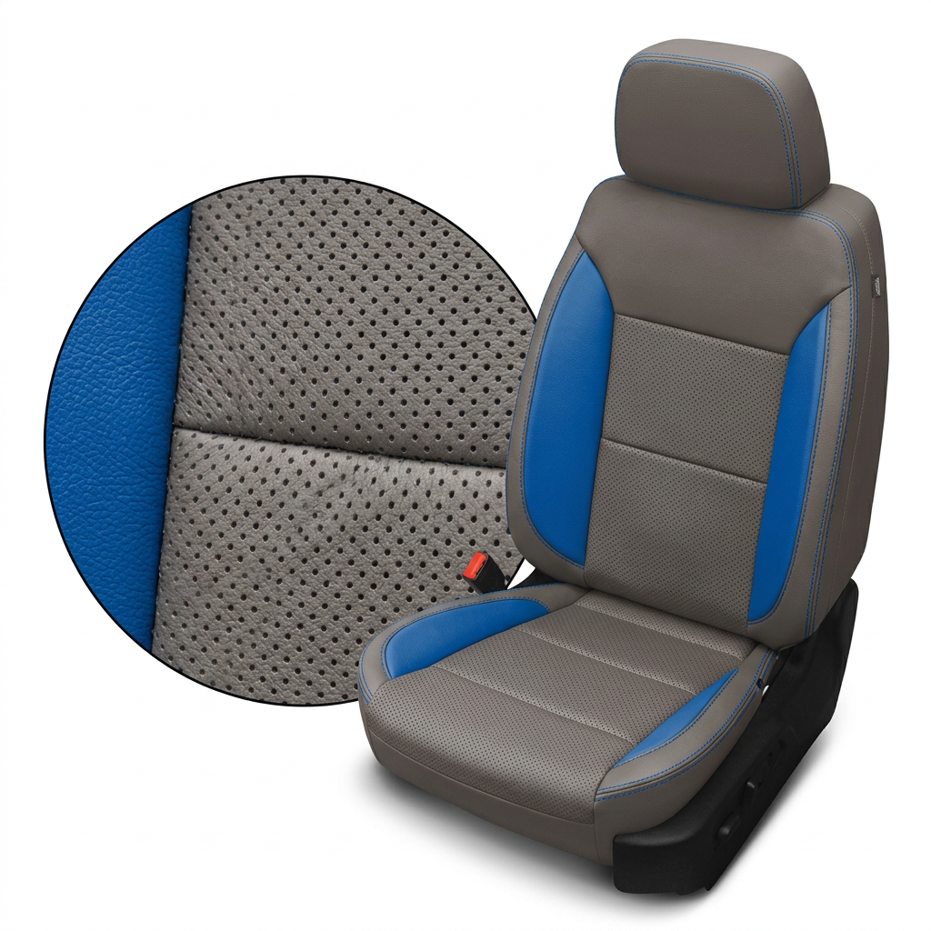 Close-up product image of a 2023–2026 Chevrolet Silverado (New Body Style) Leatherteck seat upholstery kit in platinum gray with Bermuda blue accent panels and perforated platinum gray inserts, featuring contrast stitching; a circular inset highlights the leather grain, perforation pattern, and seam stitching.