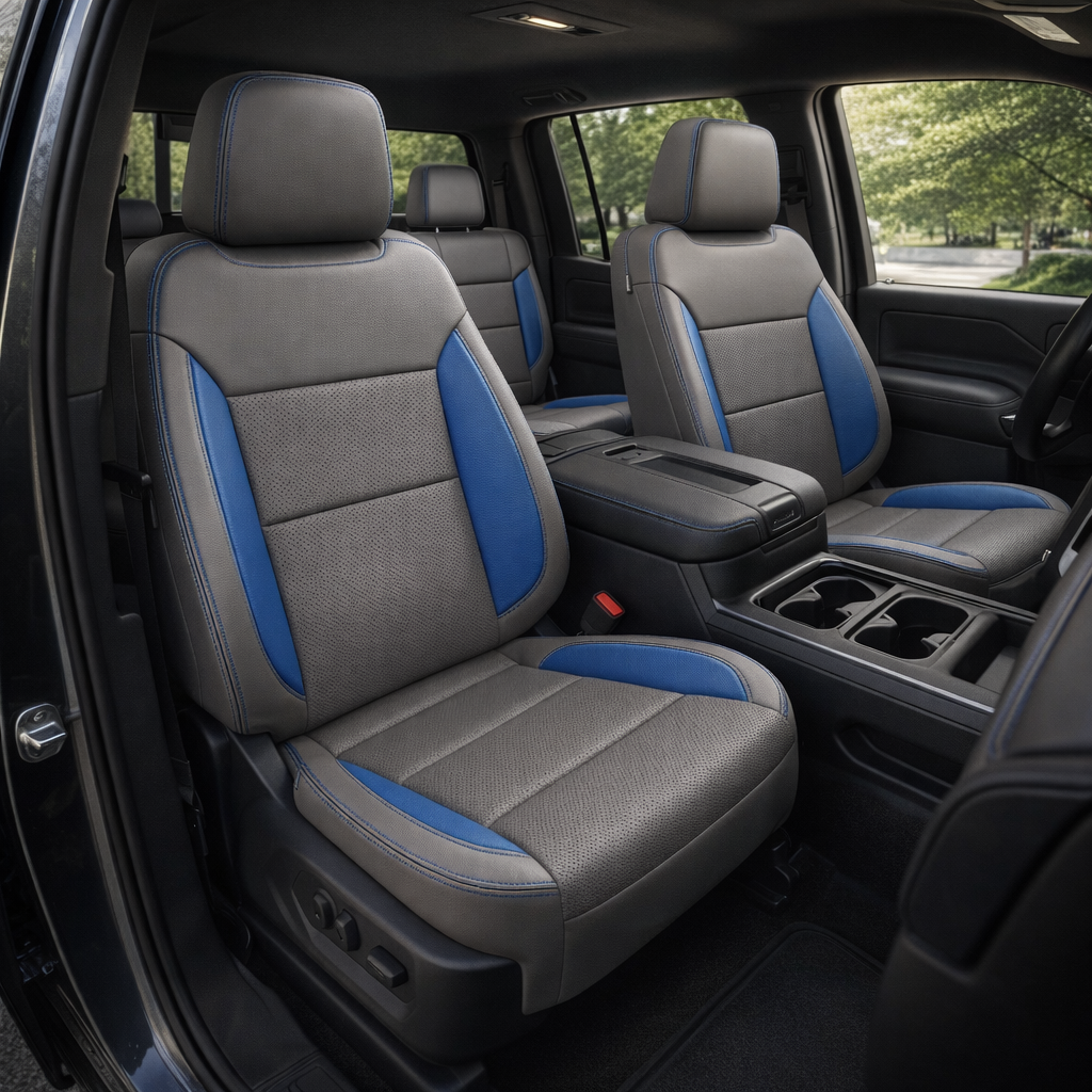 Front in-cabin view of a 2023–2026 Chevrolet Silverado (New Body Style) featuring Leatherteck front bucket seats upholstered in platinum gray with Bermuda blue perforated insert/bolster accents and contrast stitching, shown from the open driver-side door with the center console, cupholders, and rear seating visible.
