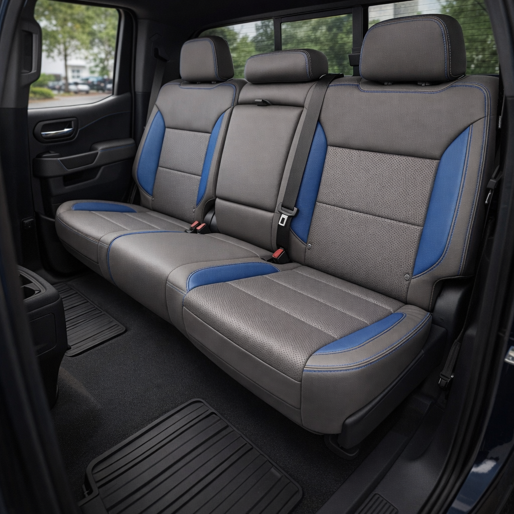  Rear in-cabin view of a 2023–2026 Chevrolet Silverado (New Body Style) featuring a Leatherteck rear bench seat upholstered in platinum gray with Bermuda blue perforated inserts/side accents and contrast stitching, showing three headrests, seatbelts, the rear door panel, and floor mats.

