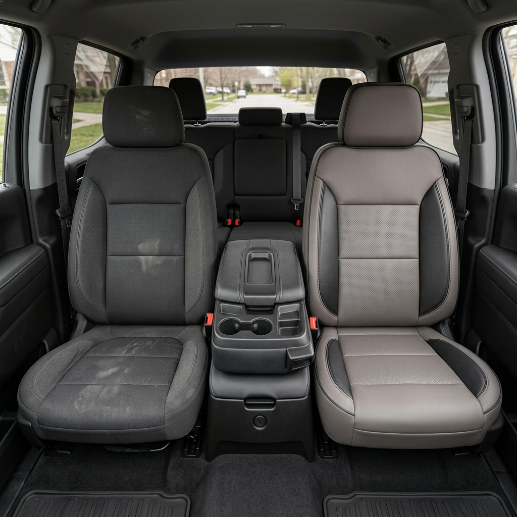 Before-and-after cabin view of a 2023–2026 Chevrolet Silverado (New Body Style): left seat shows original dark cloth upholstery, while right seat shows the upgraded Leatherteck platinum gray leather with black accent bolsters, perforated inserts, and contrast stitching.