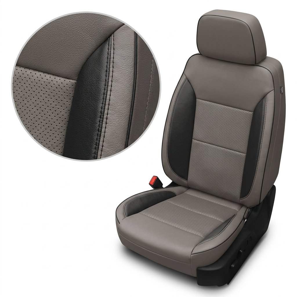 Close-up of the Leatherteck seat upholstery for a 2023–2026 Chevrolet Silverado (New Body Style) in platinum gray leather, showing black accent side bolsters, perforated center inserts, and contrast stitching along the seams on the seat and headrest.