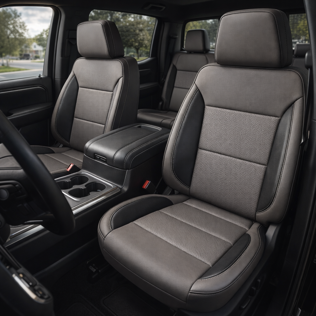  Front in-cabin view of a 2023–2026 Chevrolet Silverado (New Body Style) with Leatherteck seat upholstery in platinum gray leather, featuring black accent bolsters, perforated center inserts, and contrast stitching on the front bucket seats and headrests.