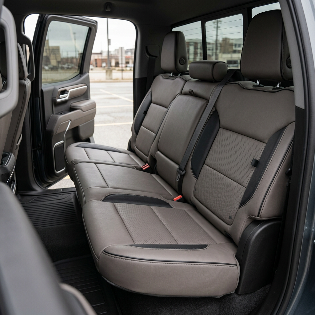 Rear in-cabin view of a 2023–2026 Chevrolet Silverado (New Body Style) with Leatherteck seat upholstery in platinum gray leather, featuring black accent bolsters, perforated center inserts, and contrast stitching across the rear bench seat cushions, seatbacks, and headrests.