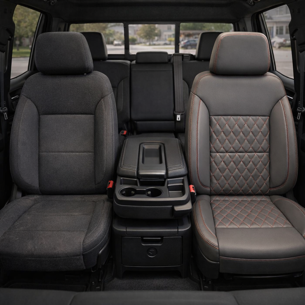  Before-and-after front in-cabin view of a 2023–2026 Chevrolet Silverado (New Body Style) split down the center: left shows the factory dark cloth front seat, while right shows a Leatherteck upgrade in platinum gray leather with red diamond-stitched inserts and red contrast stitching, with the center console/cupholders and rear bench seat visible.