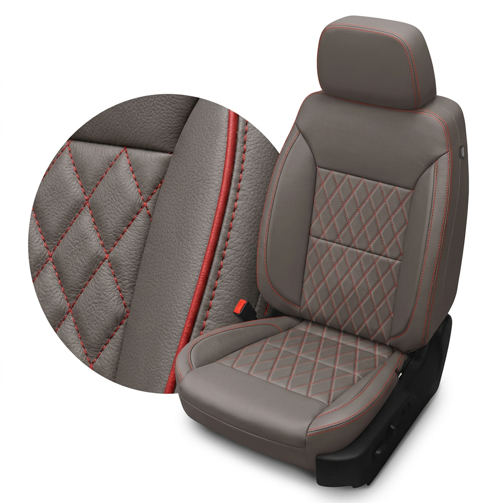 Close-up product image of a 2023–2026 Chevrolet Silverado (New Body Style) Leatherteck seat upholstery kit in platinum gray leather with red diamond-stitched center inserts and red contrast stitching, featuring a circular zoom inset highlighting the leather grain, diamond stitch pattern, and red stitched seam detail.