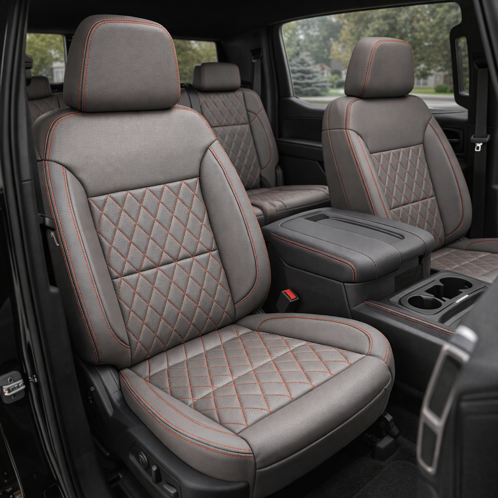 Front in-cabin view of a 2023–2026 Chevrolet Silverado (New Body Style) featuring a Leatherteck seat upholstery kit in platinum gray leather with red diamond-stitched center inserts and red contrast stitching, showing the driver and passenger seats, center console with cupholders, and the matching rear bench seat in the background.