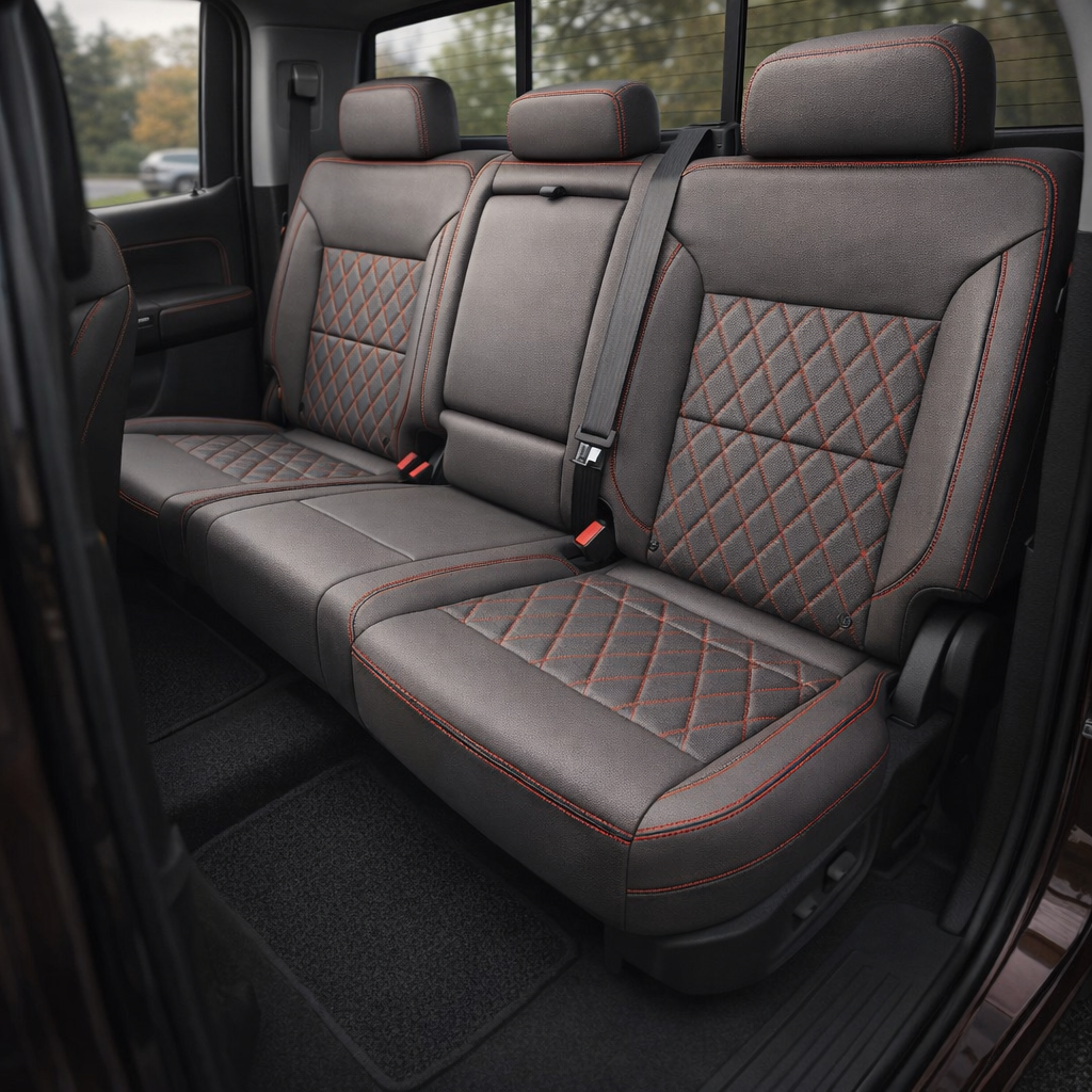 Rear in-cabin view of a 2023–2026 Chevrolet Silverado (New Body Style) featuring a Leatherteck rear bench seat in platinum gray leather with red diamond-stitched insert panels and red contrast stitching, showing three headrests, seatbelts, a center seatback section, rear door panel trim, and a black floor mat.
