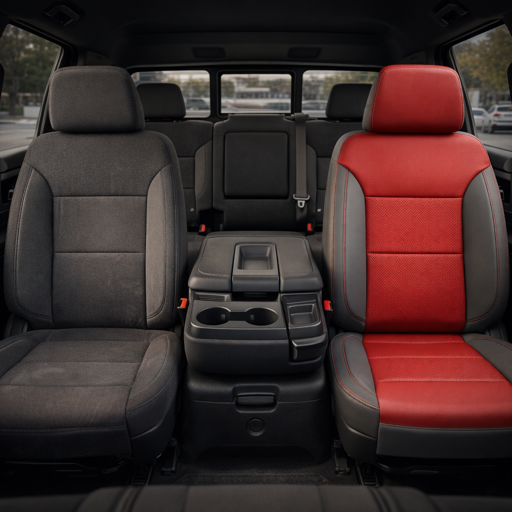 Before-and-after front in-cabin view of a 2023–2026 Chevrolet Silverado (New Body Style): the left front seat shows original dark gray cloth upholstery, while the right front seat is upgraded with Leatherteck platinum gray leather, red perforated inserts, and contrast stitching.